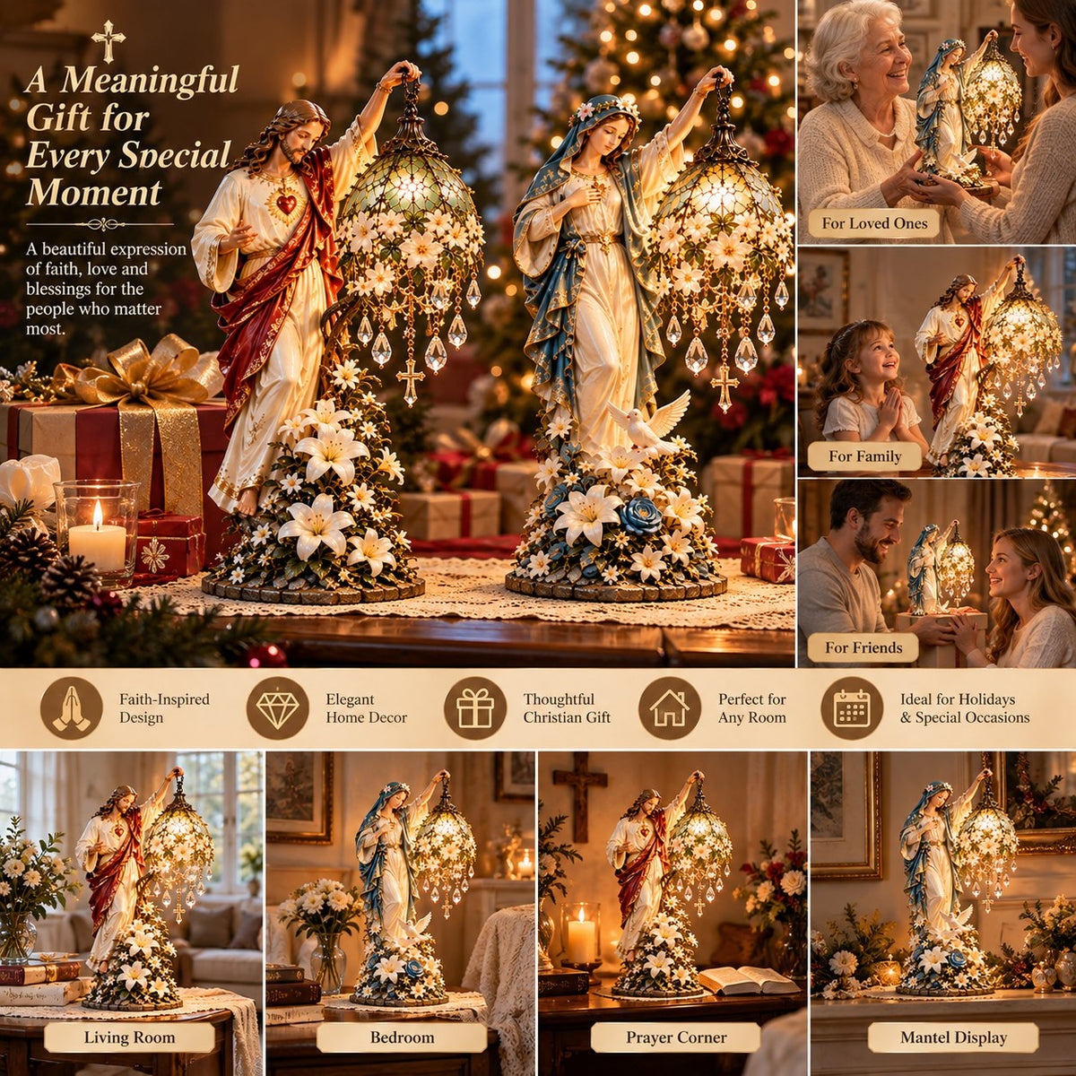 ✝️ Let Faith Light Up Your Home! 🕊️ Light of Grace – Jesus & Virgin Mary Illuminated Sculptures