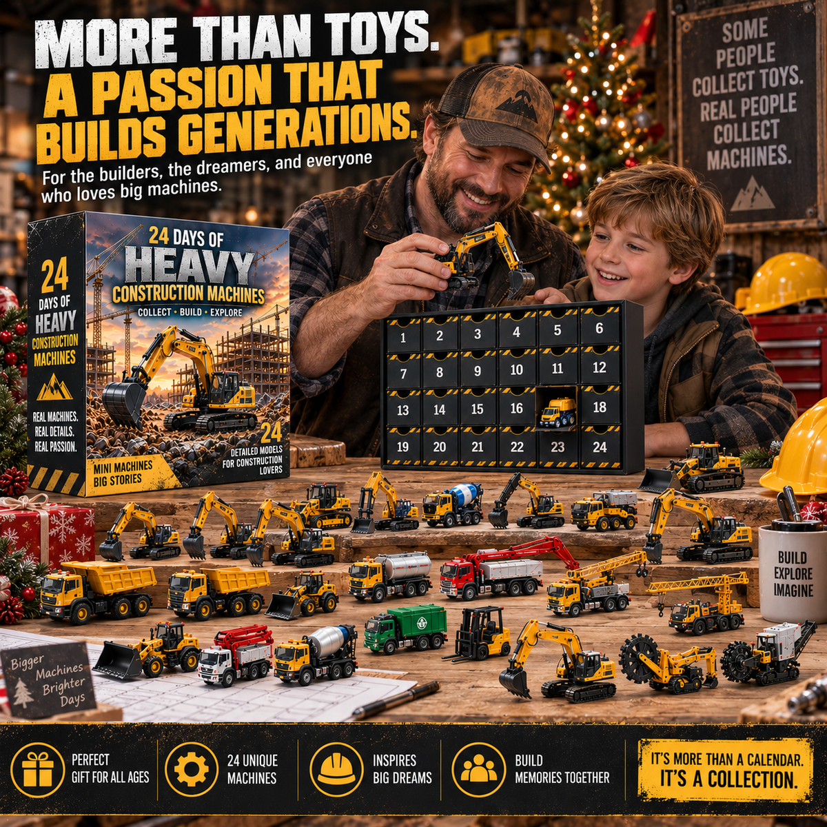 🚜 24 Days of Heavy Construction Machines Advent Calendar – 24 Realistic Construction Vehicle Collectibles, Christmas Gift for Equipment Lovers