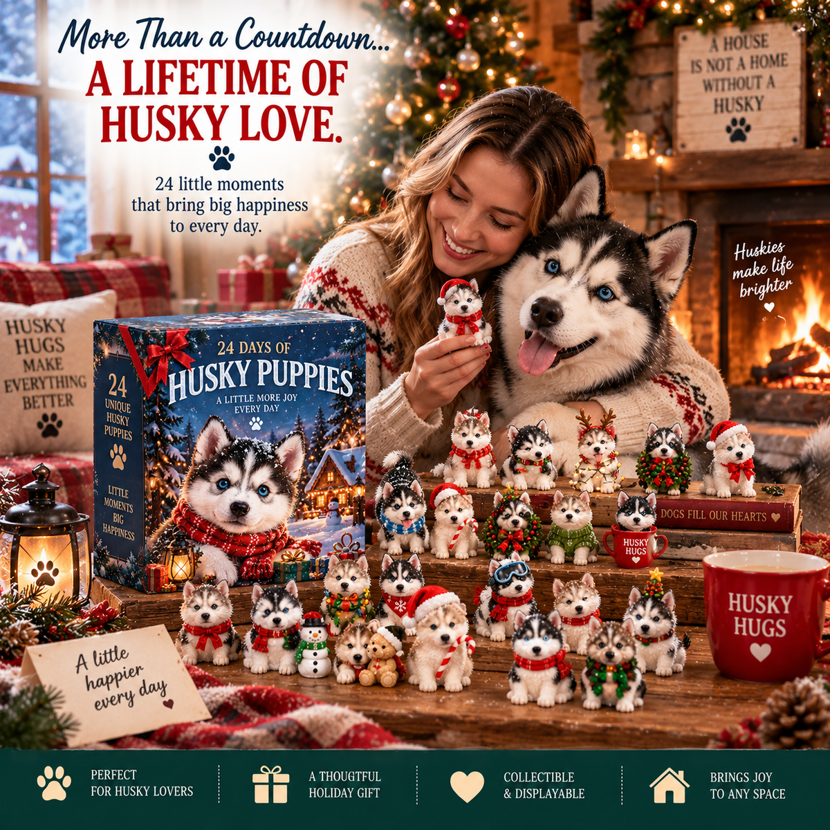 🐺 24 Days of Husky Puppies Advent Calendar – 24 Unique Realistic Siberian Husky Figurines, Christmas Gift for Husky Lovers