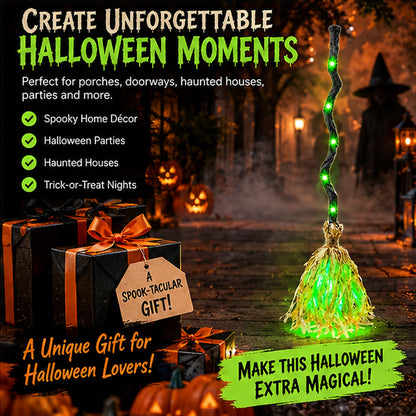 🎃 Animated Witch’s Broom with Glowing Green Lights & Spooky Sounds – Bring Halloween Magic to Life! 👻