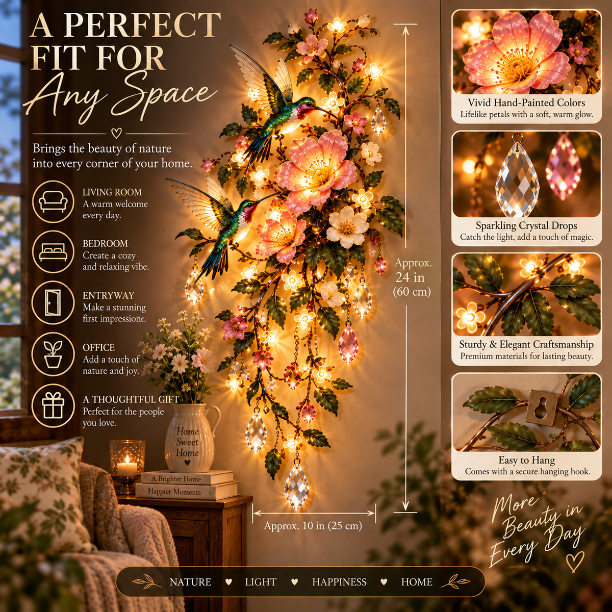🐦🌸Hummingbird Garden – Illuminated Floral & Crystal Wall Art