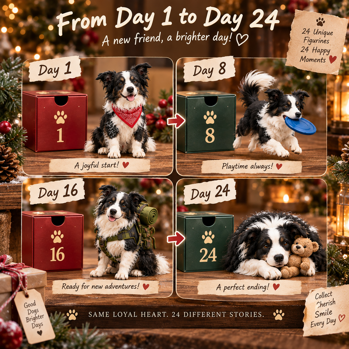 24 Days of Border Collie – 24 Unique Dog Figurines | Christmas Collectible Gift Set