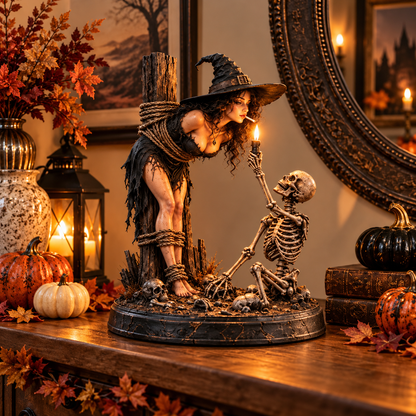 🔥 Witch & Skeleton Candlelight Statue – Spooky Halloween Gothic Tabletop Decor