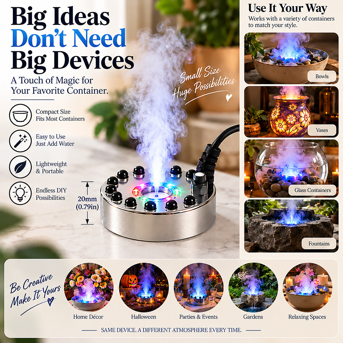 LED Ultrasonic Mist Maker – Colorful Fog Fountain for Home Décor, Halloween & DIY Water Features