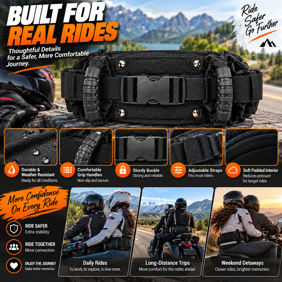 Motorcycle Passenger Grab Handle Belt – Adjustable Waist Belt with Dual Grip Handles for Two-Up Riding