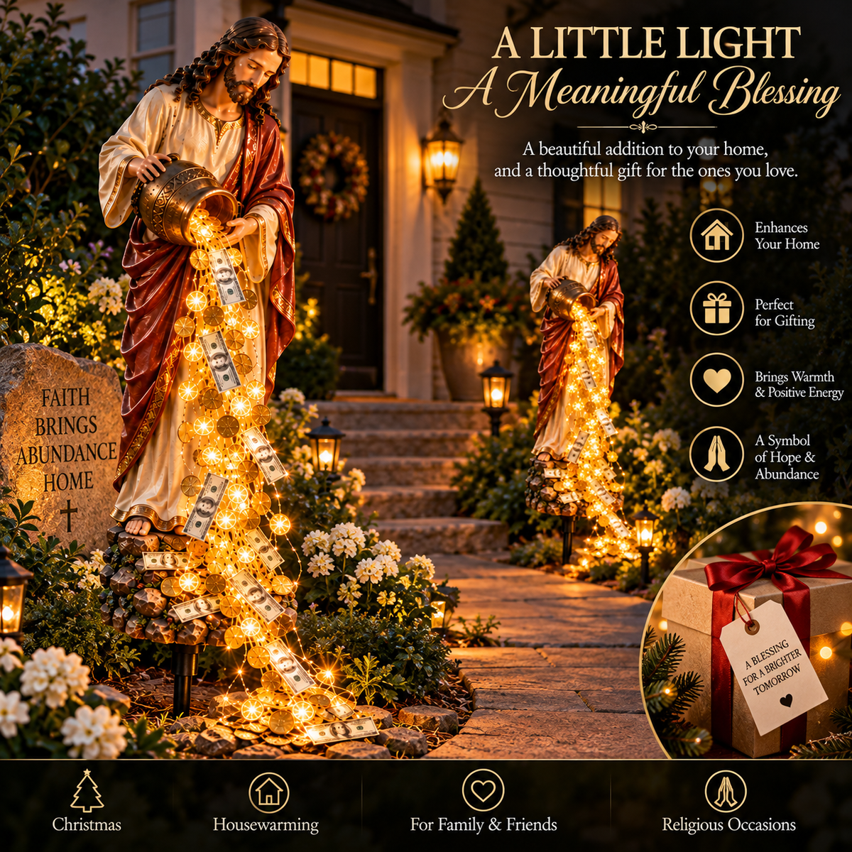 ✨ Divine Blessings Solar Garden Light – Jesus Statue with Cascading Golden Coins & LED Lights