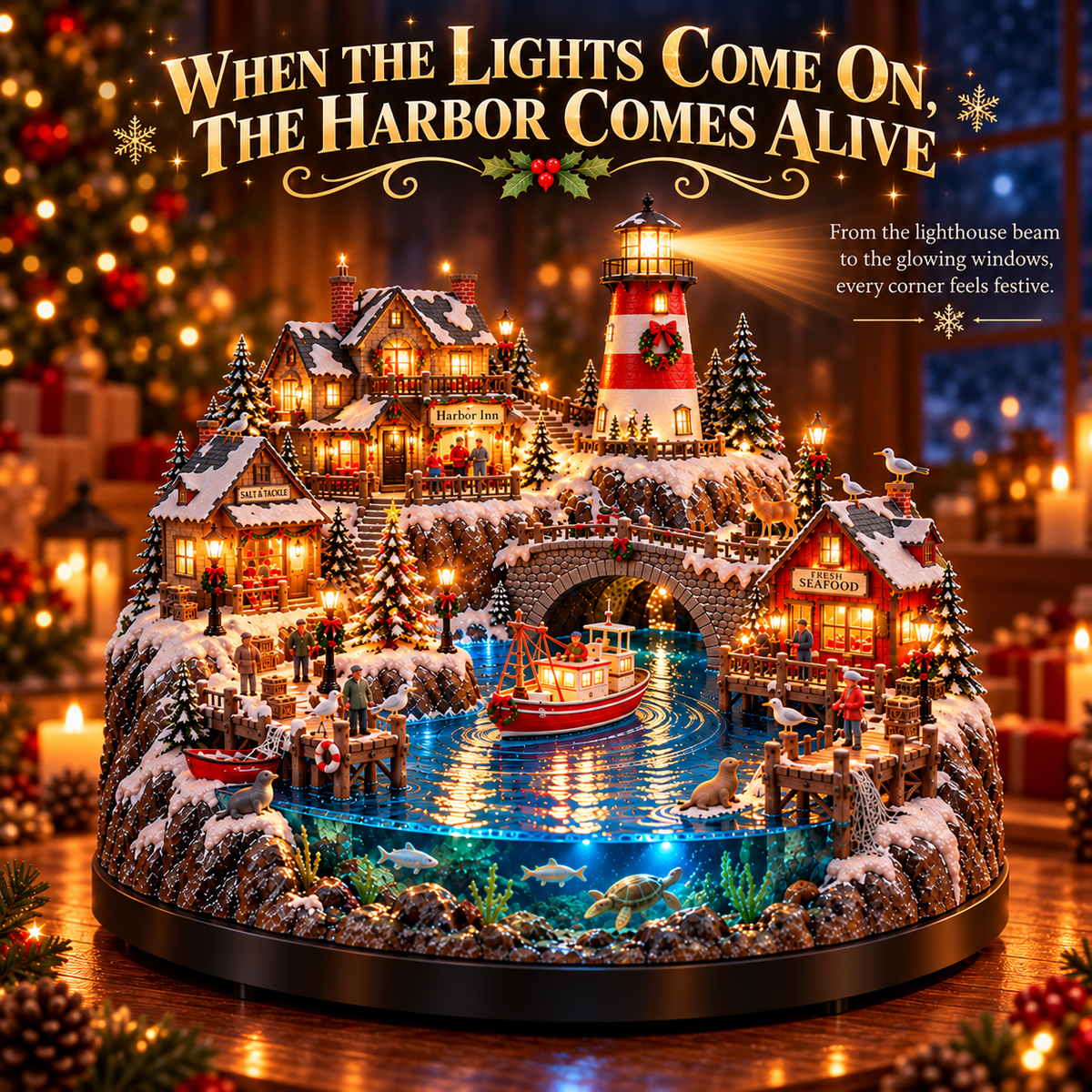 🔥 LAST DAY 50% OFF 🔥🎄 Christmas by the Sea™ – Lighted Harbor Village with Lighthouse & Fishing Boat ✨