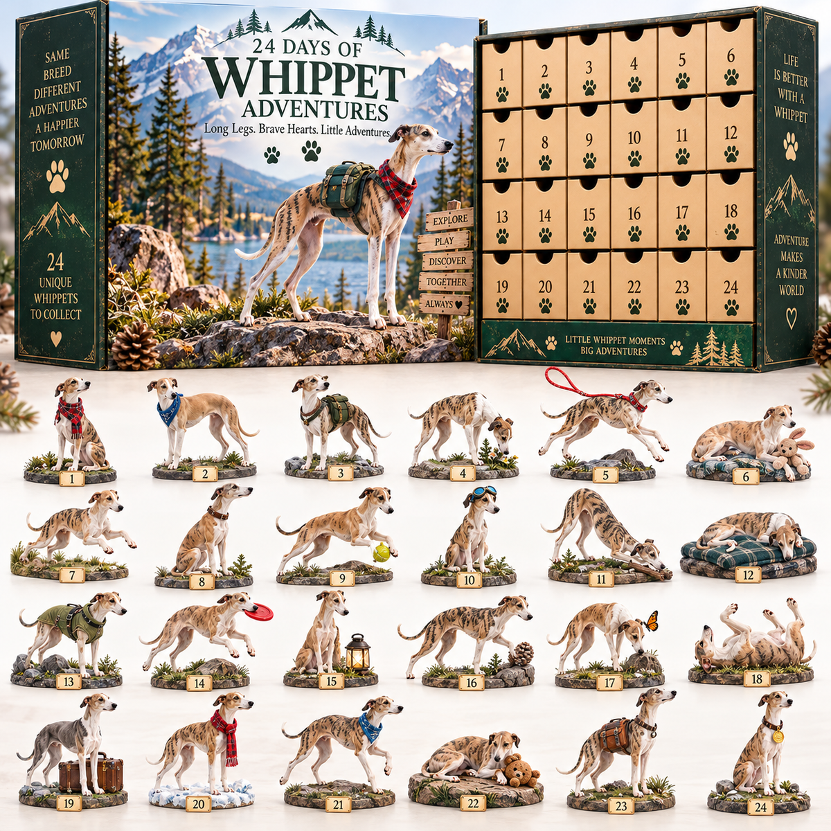 🐾 24 Days of Whippet Adventures – Christmas Advent Calendar | 24 Unique Dog Collectible Figurines