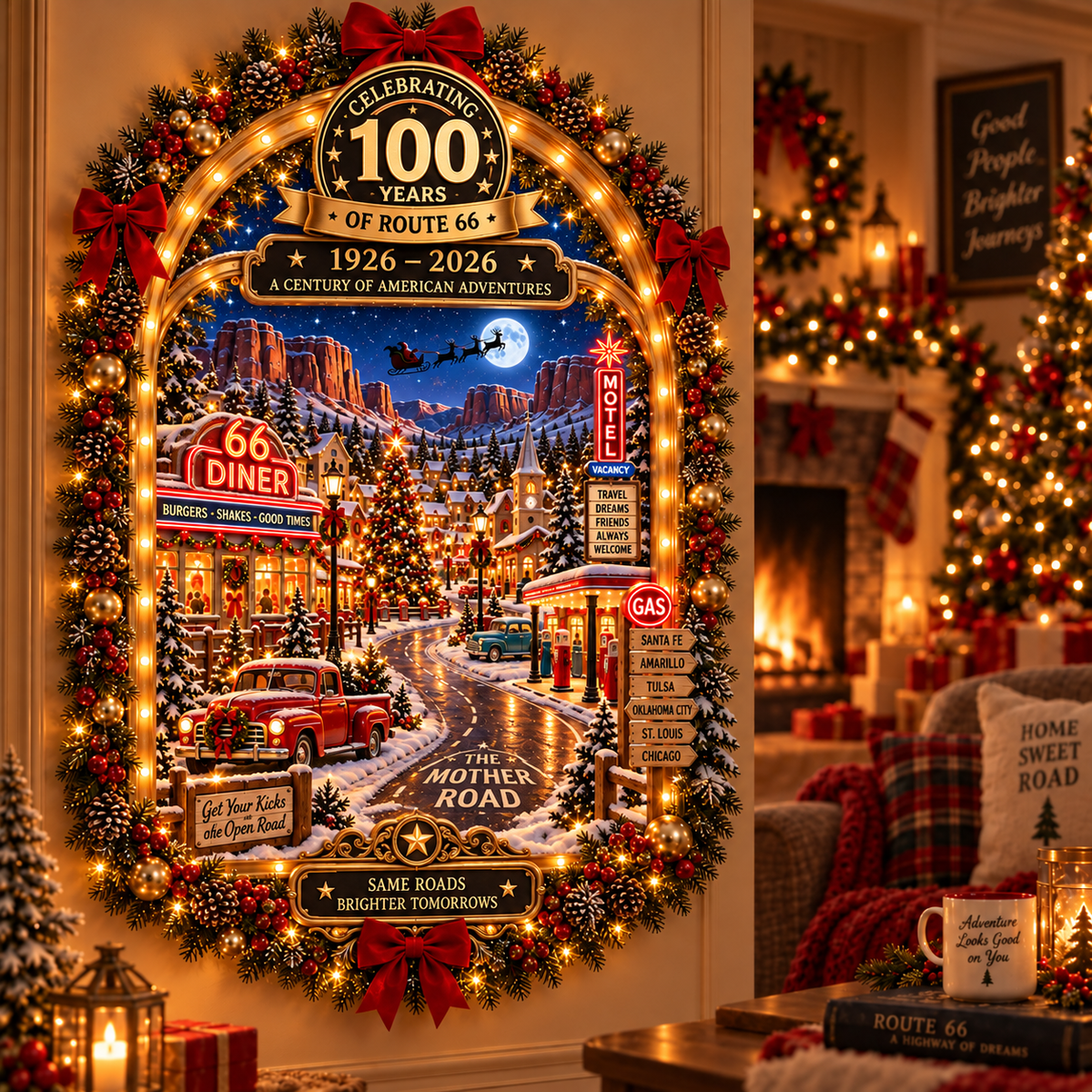 🎄 Route 66 Centennial Christmas Wall Decor – 100 Years of American Adventures (1926–2026) | Lighted Vintage Holiday Decoration & Nostalgic Gift for Road Trip Lovers