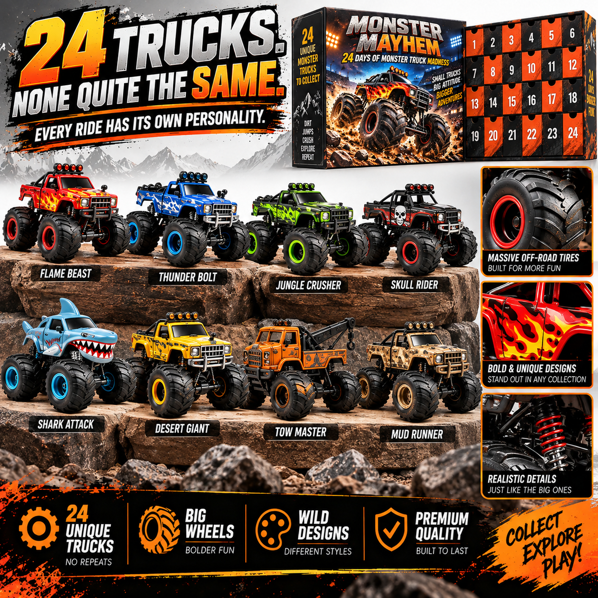 🏁 24 Days of Monster Mayhem – Monster Truck Christmas Advent Calendar | 24 Unique Collectible Trucks
