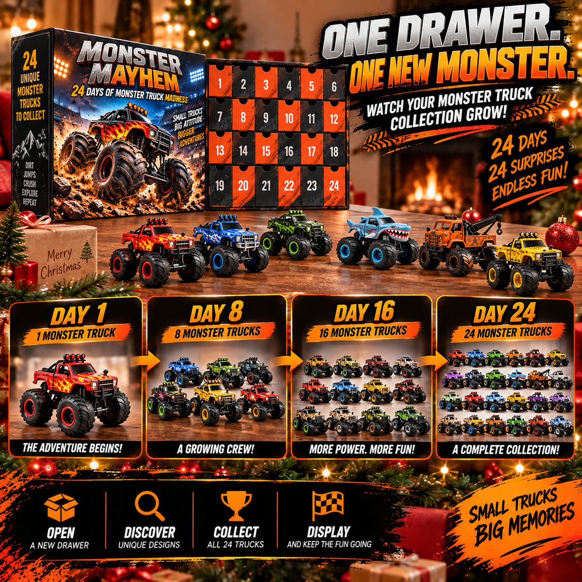 🏁 24 Days of Monster Mayhem – Monster Truck Christmas Advent Calendar | 24 Unique Collectible Trucks