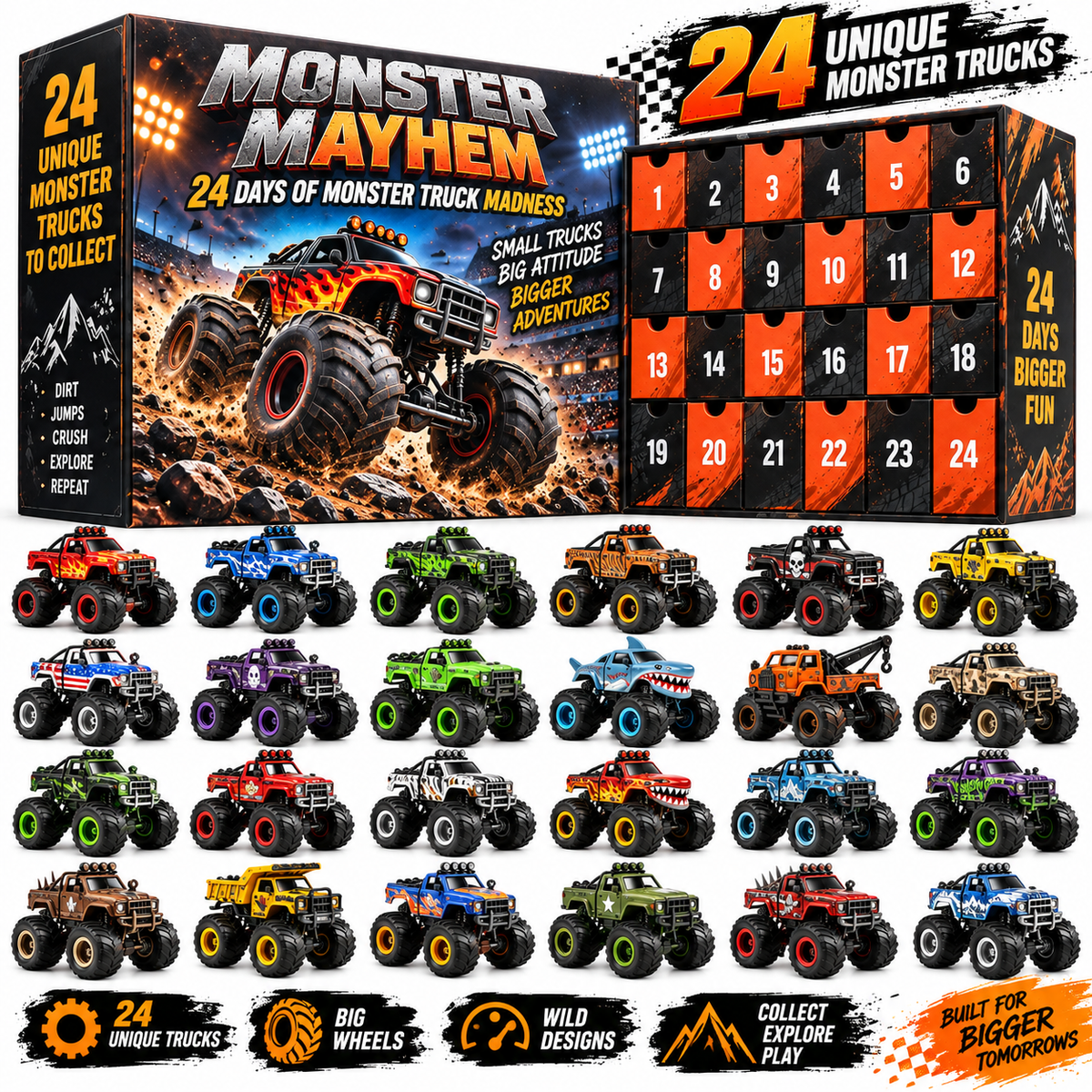 🏁 24 Days of Monster Mayhem – Monster Truck Christmas Advent Calendar | 24 Unique Collectible Trucks