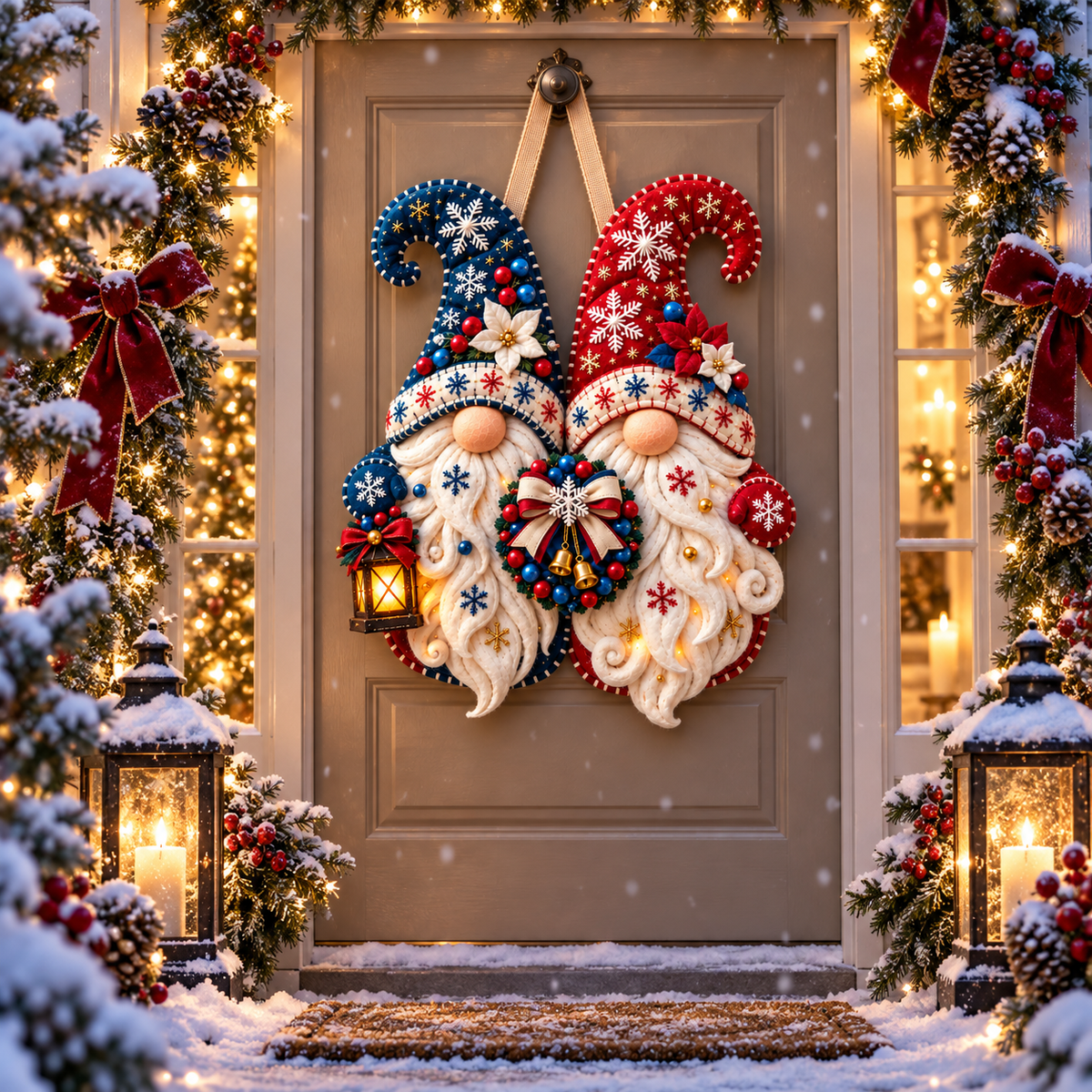 Snowflake Gnome Duo Door Hanger – Red & Blue Christmas Welcome Decor with Lantern