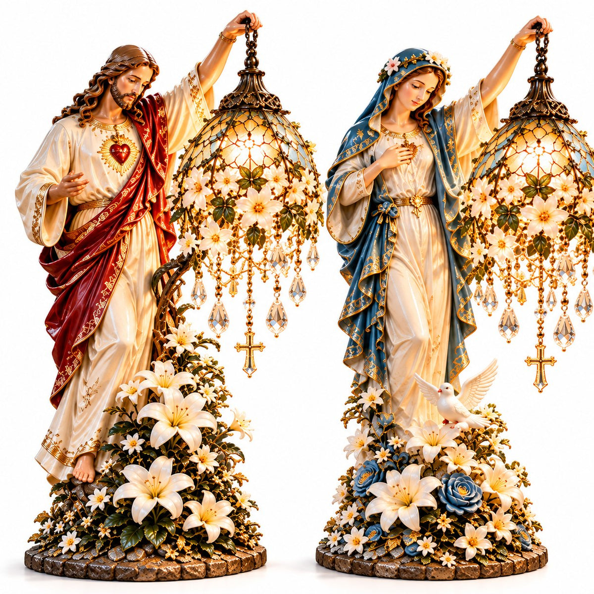 ✝️ Let Faith Light Up Your Home! 🕊️ Light of Grace – Jesus & Virgin Mary Illuminated Sculptures