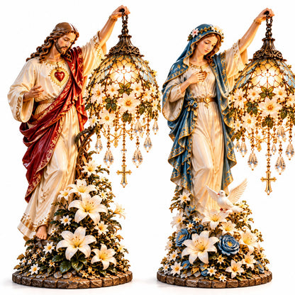 ✝️ Let Faith Light Up Your Home! 🕊️ Light of Grace – Jesus & Virgin Mary Illuminated Sculptures