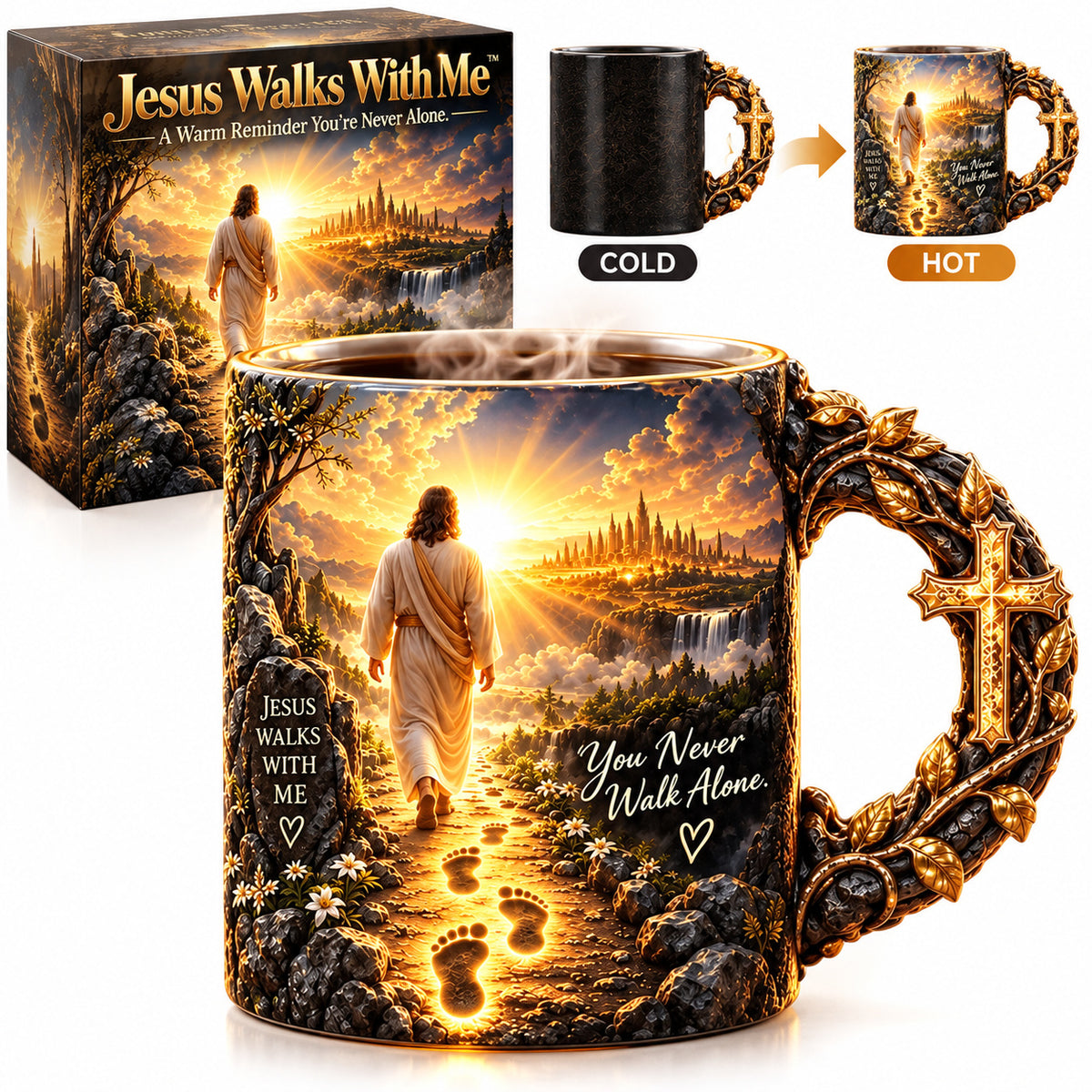 🔥 Last Day 49% OFF - 🔥✝️ Need a Little Faith With Your Coffee?! ☕ Jesus Walks With Me Heat-Reveal Mug – A Warm Reminder You're Never Alone!