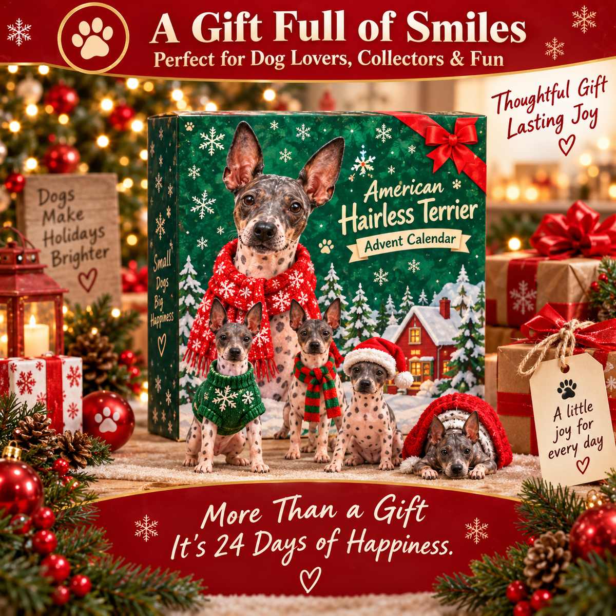 🐾 No Fur, All Love! ❤️ – 24-Day American Hairless Terrier Advent Calendar 🎄 | Christmas Collectible Figurines
