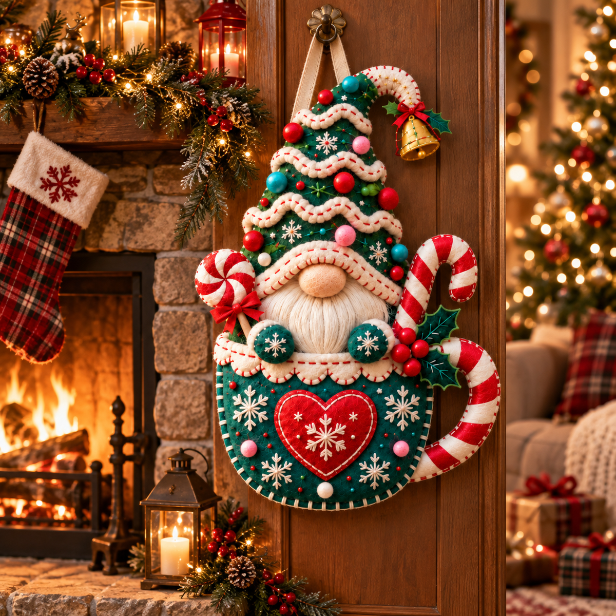 Cozy Gnome Christmas Door Hanger – Handcrafted Candy Cane & Holiday Tree Welcome Decor
