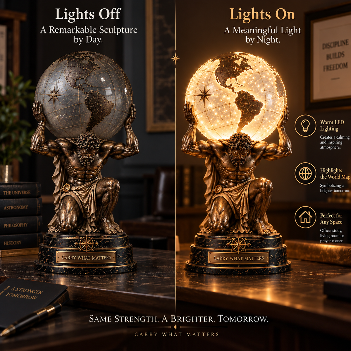 🌍 Carry What Matters - Atlas Illuminated Globe Sculpture🌌