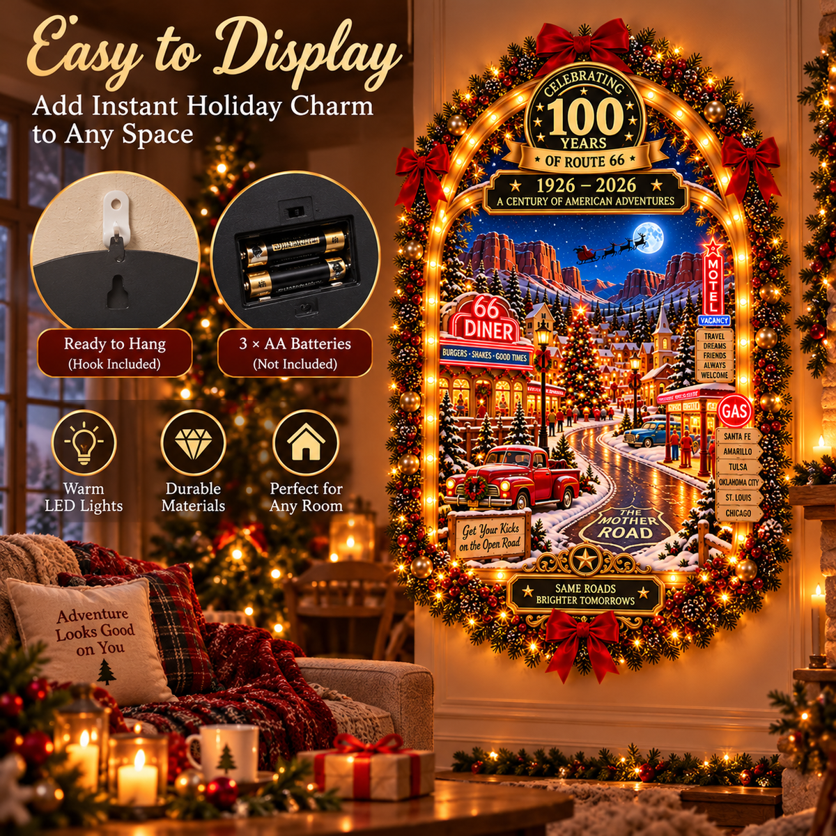 🎄 Route 66 Centennial Christmas Wall Decor – 100 Years of American Adventures (1926–2026) | Lighted Vintage Holiday Decoration & Nostalgic Gift for Road Trip Lovers