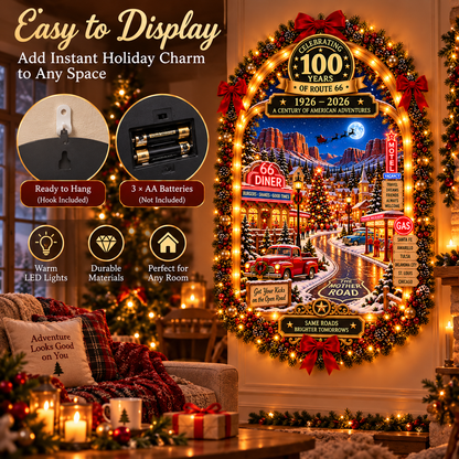 🎄 Route 66 Centennial Christmas Wall Decor – 100 Years of American Adventures (1926–2026) | Lighted Vintage Holiday Decoration & Nostalgic Gift for Road Trip Lovers