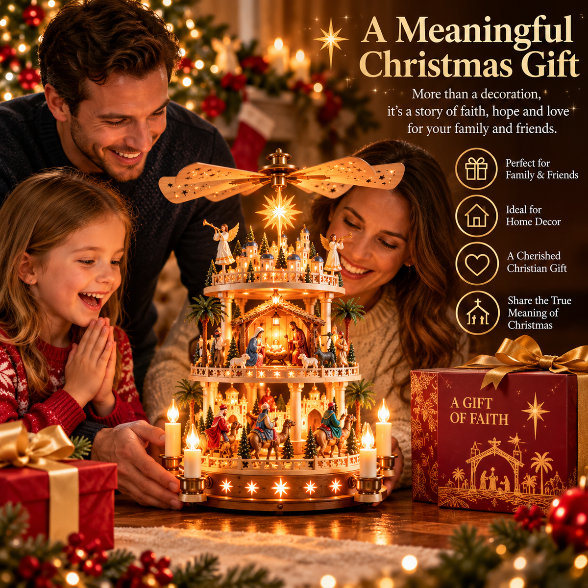 ✨ Rotating Nativity Christmas Pyramid – 3-Tier Lighted Jesus Birth Scene, A Meaningful Christian Christmas Gift 🎄