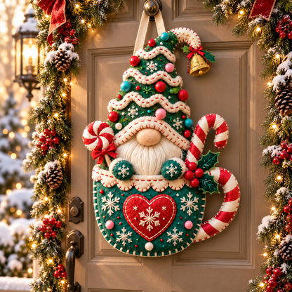 Cozy Gnome Christmas Door Hanger – Handcrafted Candy Cane & Holiday Tree Welcome Decor