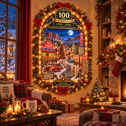 🎄 Route 66 Centennial Christmas Wall Decor – 100 Years of American Adventures (1926–2026) | Lighted Vintage Holiday Decoration & Nostalgic Gift for Road Trip Lovers