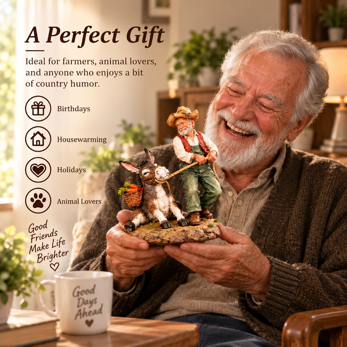 🤠Who's Really in Charge? – Funny Farmer & Stubborn Donkey Farmhouse Figurine