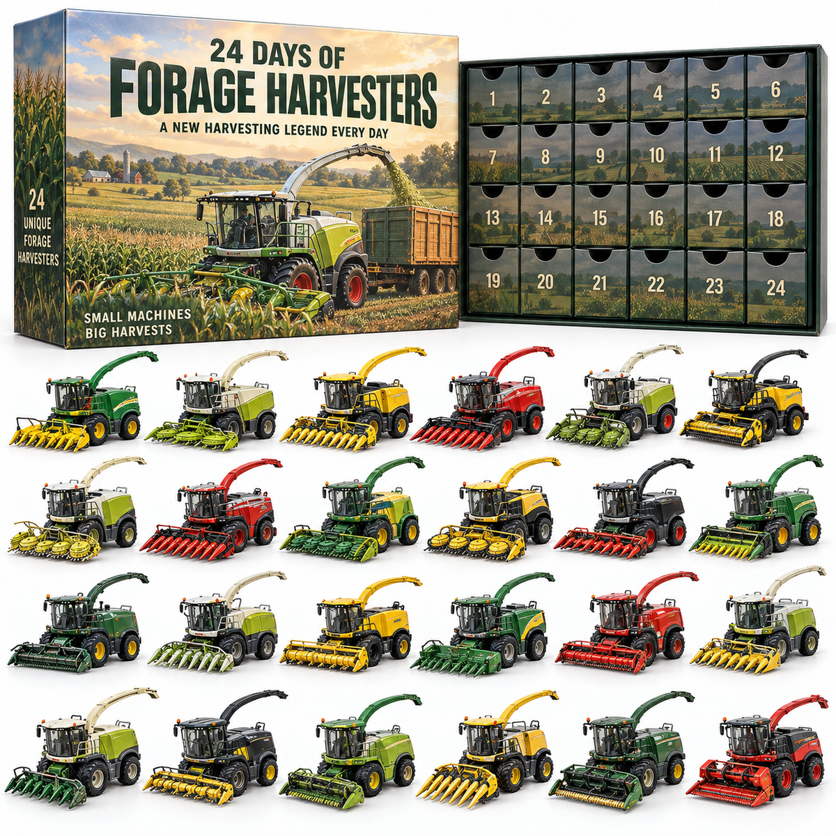 🚜 24 Days of Forage Harvesters Advent Calendar – 24 Unique Self-Propelled Forage Harvester Models, Christmas Gift for Farmers & Farm Machinery Lovers