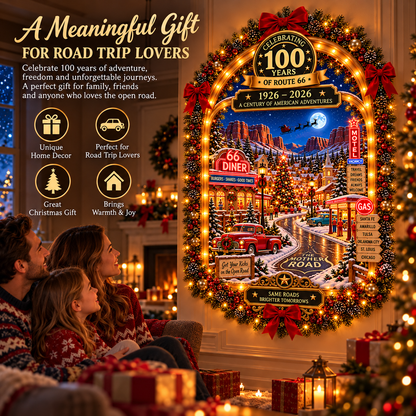🎄 Route 66 Centennial Christmas Wall Decor – 100 Years of American Adventures (1926–2026) | Lighted Vintage Holiday Decoration & Nostalgic Gift for Road Trip Lovers
