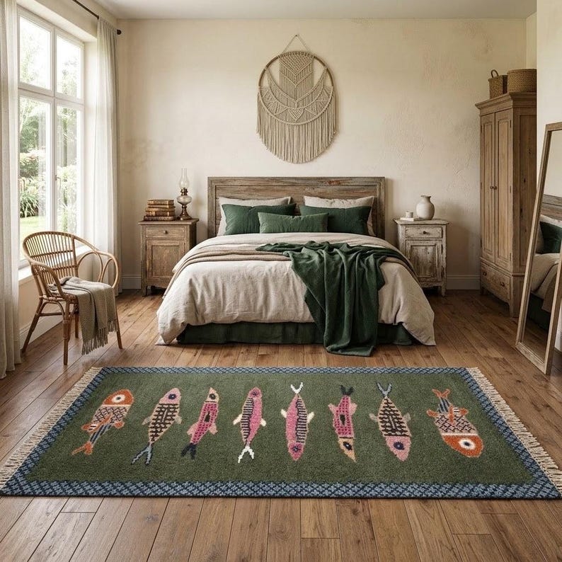 🐟 Whimsical Folk Fish Rug – A Splash of Color & Personality ✨ | Vintage-Inspired Home Decor
