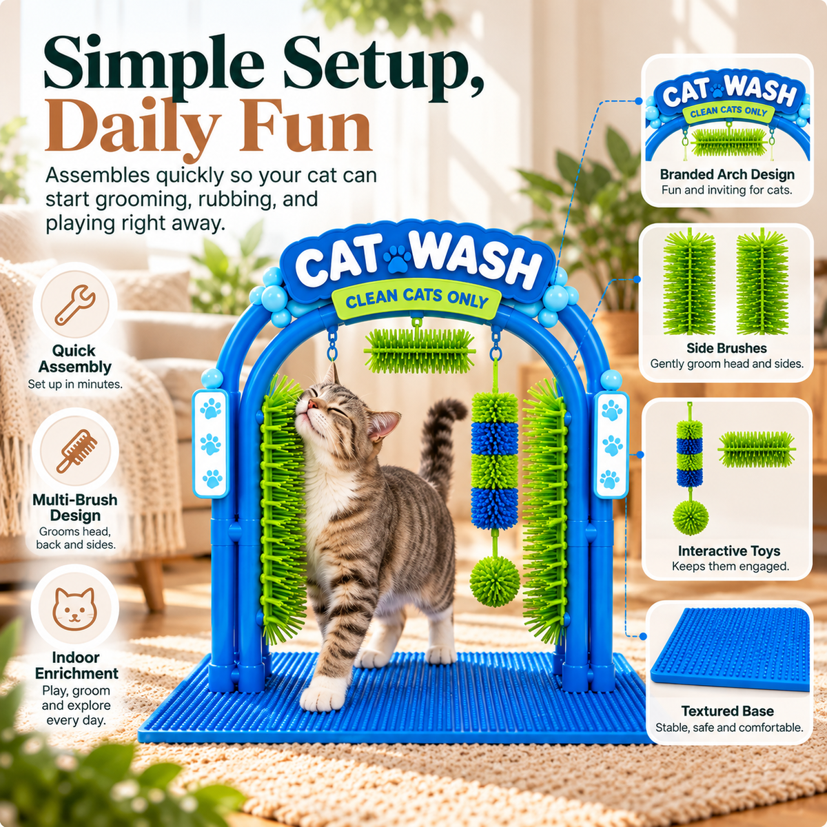 🐾 Cat Self-Grooming Brush & Play Station – Interactive Massage Arch