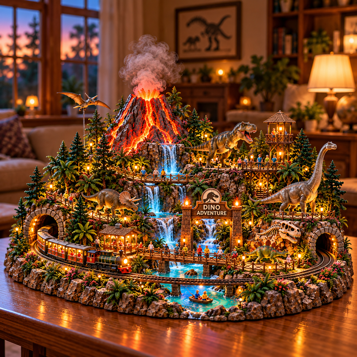 🦖 Dino Adventure World – Lighted Prehistoric Village with Moving Train & Volcano 🌋🚂