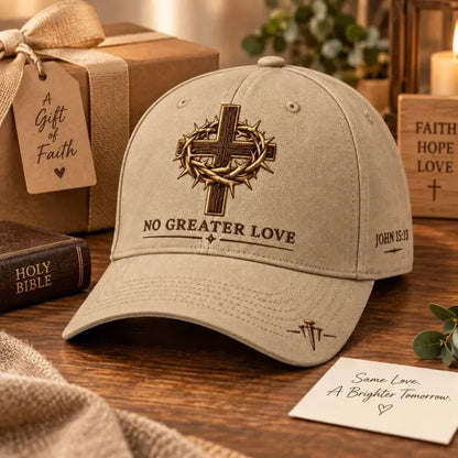 ✝️ Wear Your Faith. Share His Love. ❤️ – No Greater Love Christian Cross Baseball Cap | John 15:13