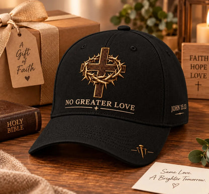 ✝️ Wear Your Faith. Share His Love. ❤️ – No Greater Love Christian Cross Baseball Cap | John 15:13