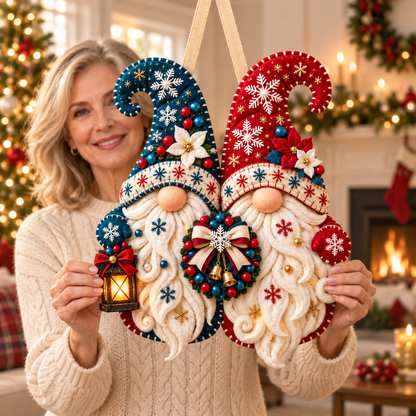 Snowflake Gnome Duo Door Hanger – Red & Blue Christmas Welcome Decor with Lantern