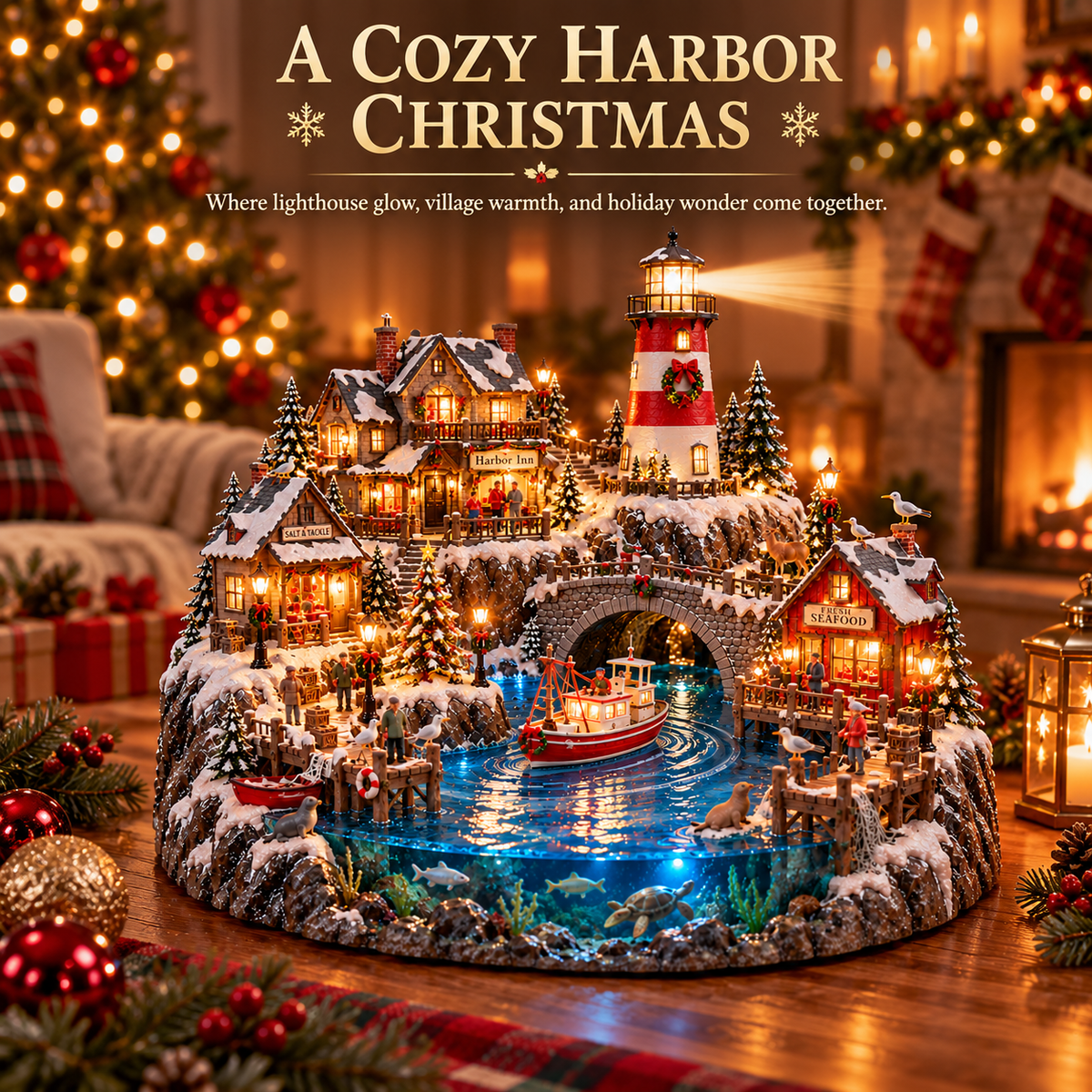 🔥 LAST DAY 50% OFF 🔥🎄 Christmas by the Sea™ – Lighted Harbor Village with Lighthouse & Fishing Boat ✨