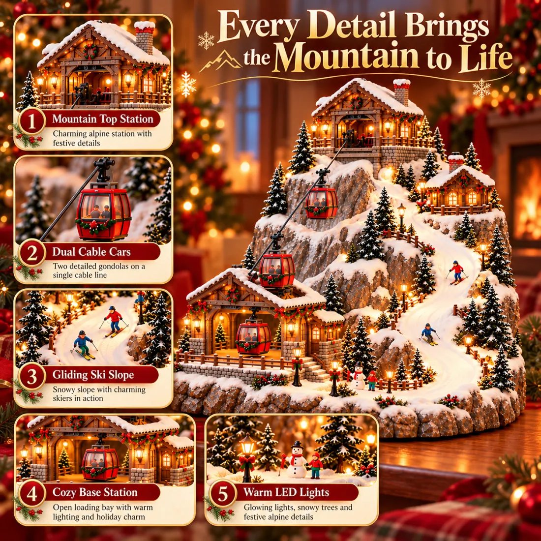 🎄 Bring the Winter Wonderland Home! 🚠 Lighted Christmas Mountain Village – Moving Cable Cars & Holiday Magic! ✨