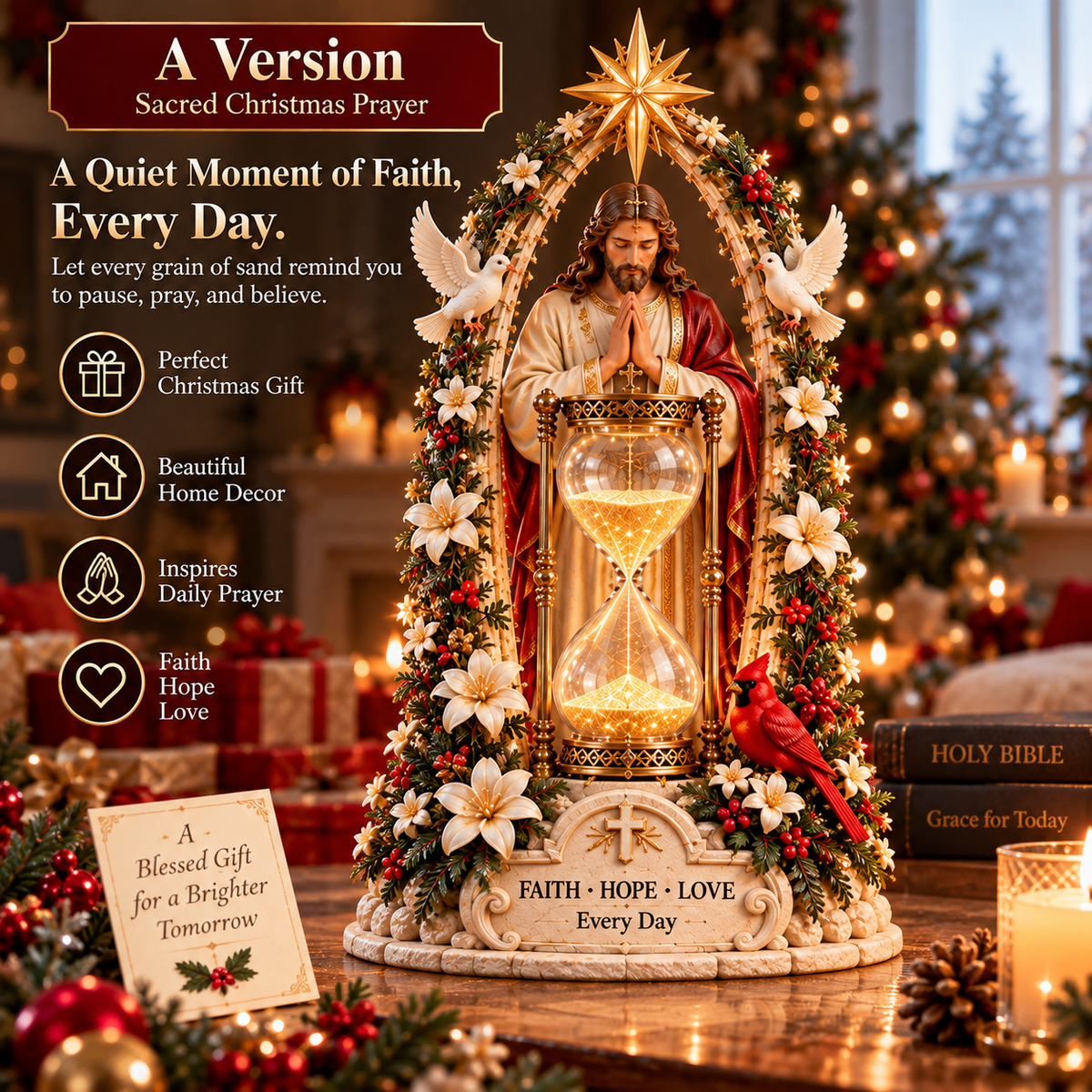 ✨ Heavenly Jesus Hourglass Christmas Centerpiece 🎄 – A Timeless Symbol of Faith, Hope & Love