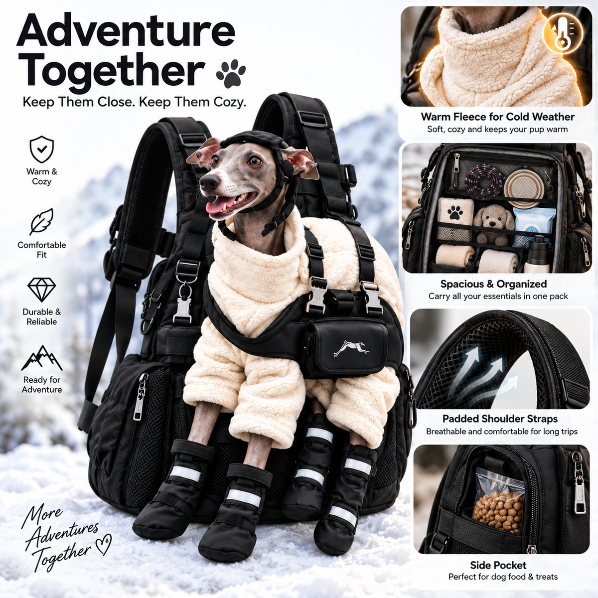 🐕🎒 All-Season Greyhound Carrier Backpack – Removable Warm Fleece, Breathable Mesh & Multi-Pocket Storage