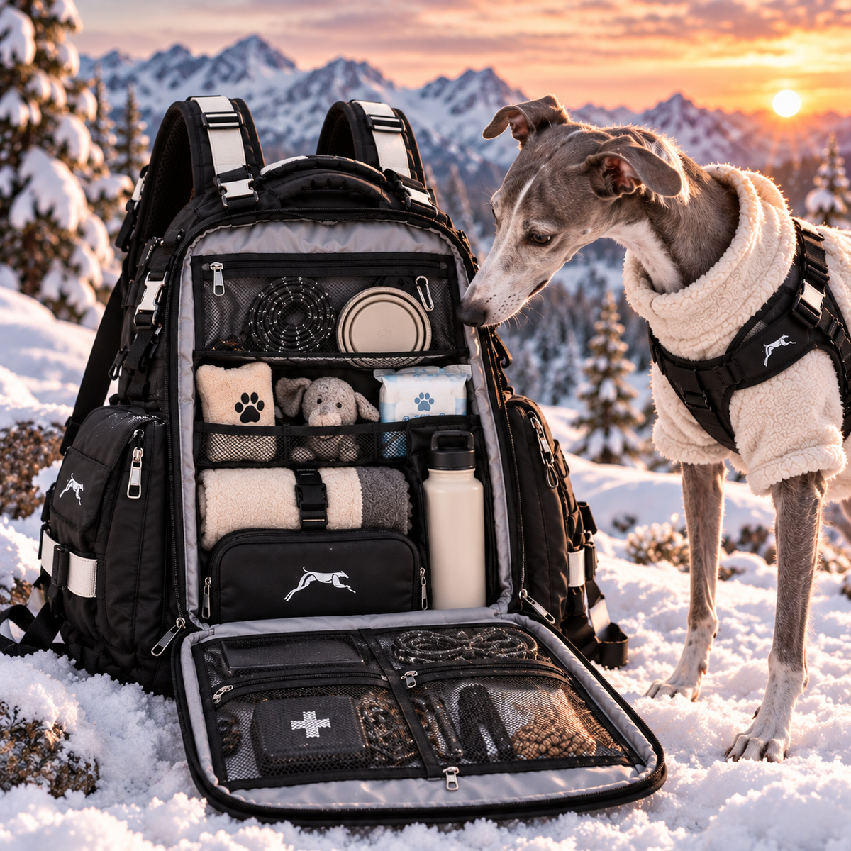 🐕🎒 All-Season Greyhound Carrier Backpack – Removable Warm Fleece, Breathable Mesh & Multi-Pocket Storage