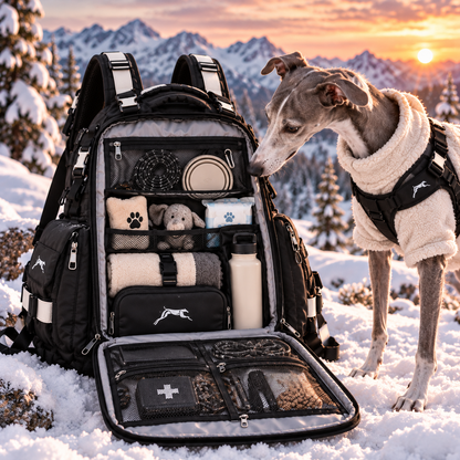 🐕🎒 All-Season Greyhound Carrier Backpack – Removable Warm Fleece, Breathable Mesh & Multi-Pocket Storage