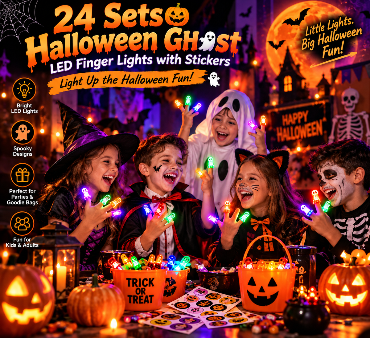 👻Oh my god! The glowing fingers! 24 Sets Halloween Ghost LED Finger Lights with Stickers