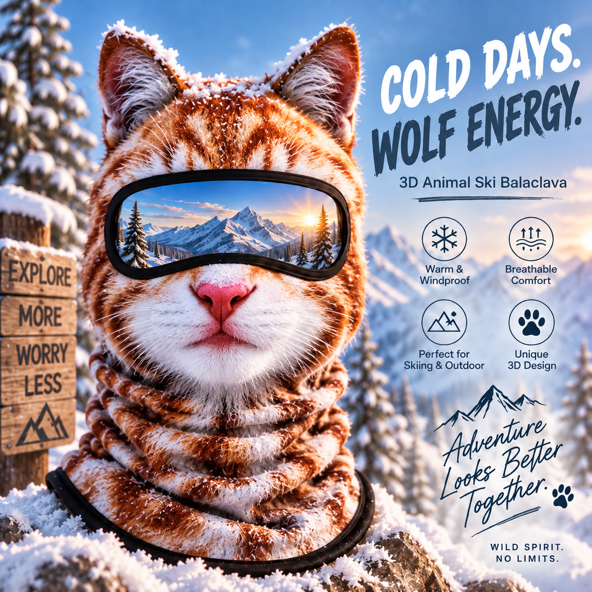 🔥🐱3D Cat Ski Balaclava Face Mask with Ears Animal&Free skiing sunglasses！！！