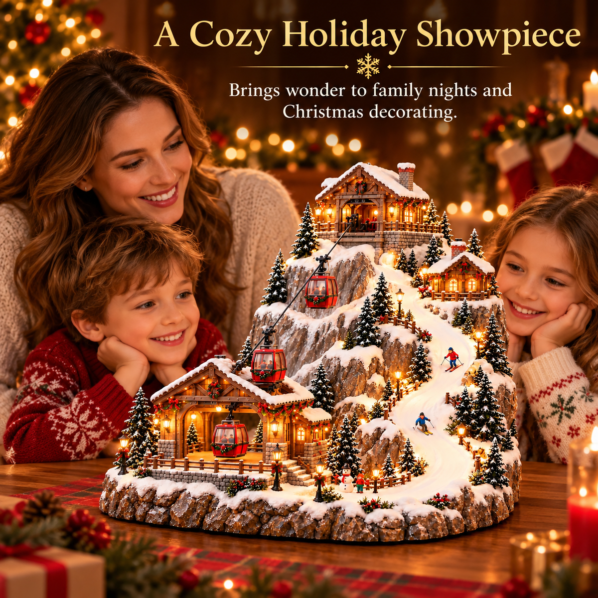 🎄 Bring the Winter Wonderland Home! 🚠 Lighted Christmas Mountain Village – Moving Cable Cars & Holiday Magic! ✨
