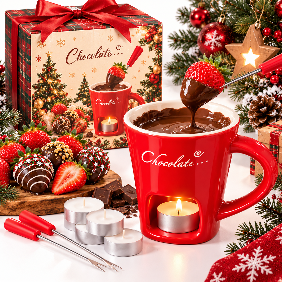 🎅🍓 Santa Says: “YUMMY!” 🍫Christmas Chocolate Fondue Mug Gift Set – Share Sweet Holiday Moments