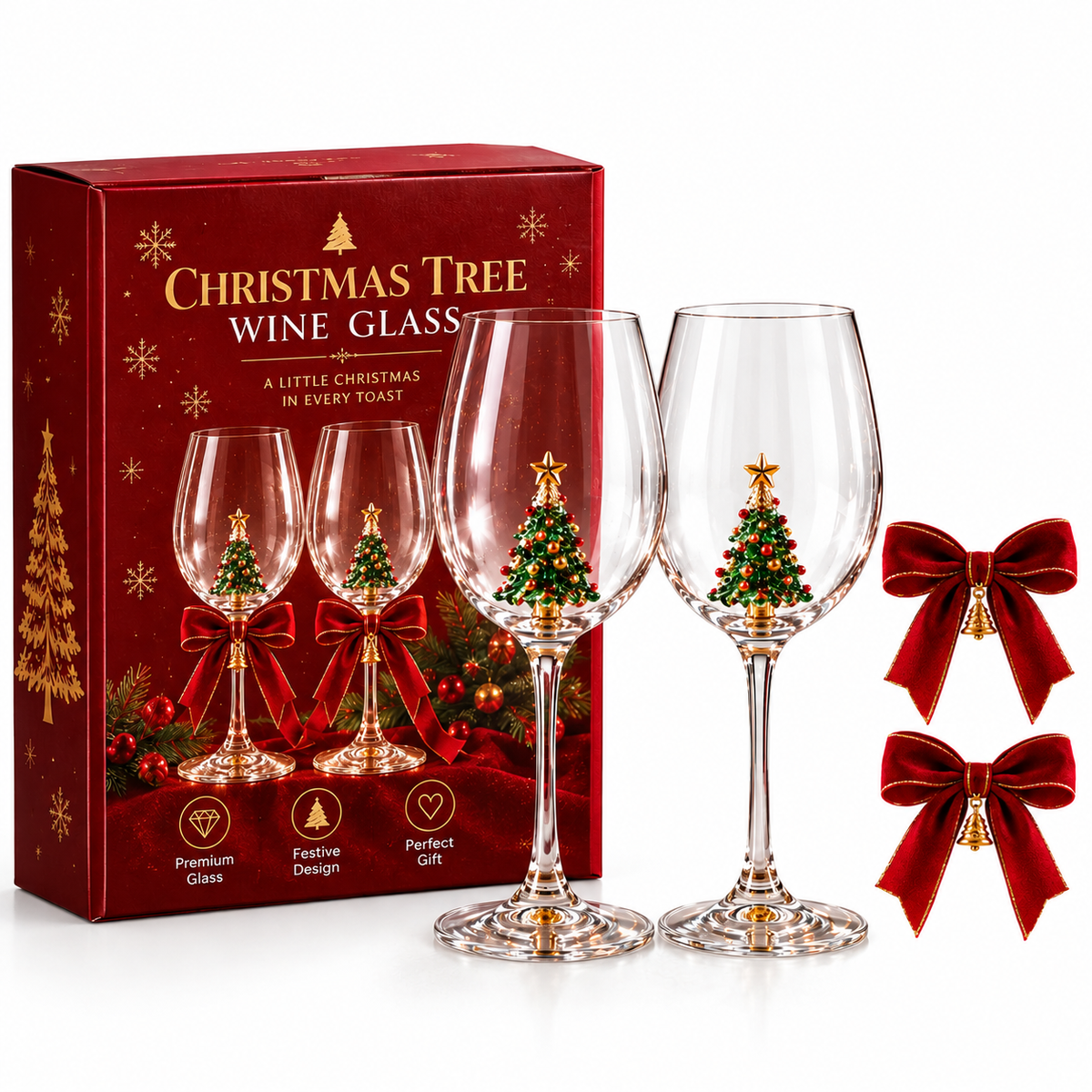 ❤️ LOVED BY 90,000+ PEOPLE! Christmas Tree Wine Glass Set of 2 — Festive Holiday Glasses with Gift Box & Velvet Bow