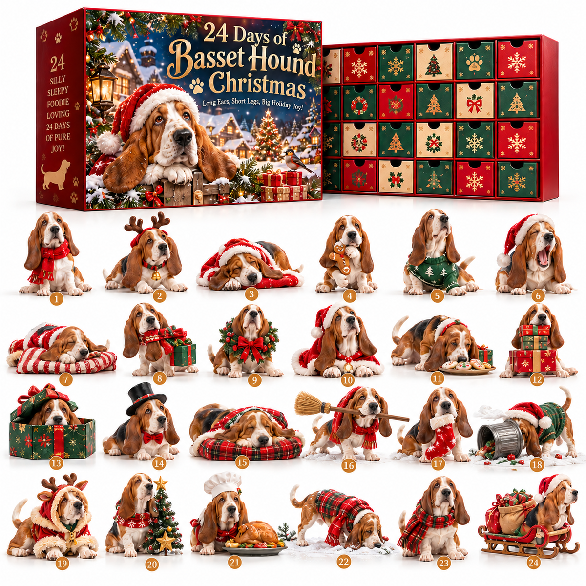 🎅Santa, Wake Me Up When Dinner's Ready! 🐶 2026 Basset Hound Christmas – 24 Days of Cozy Mischief