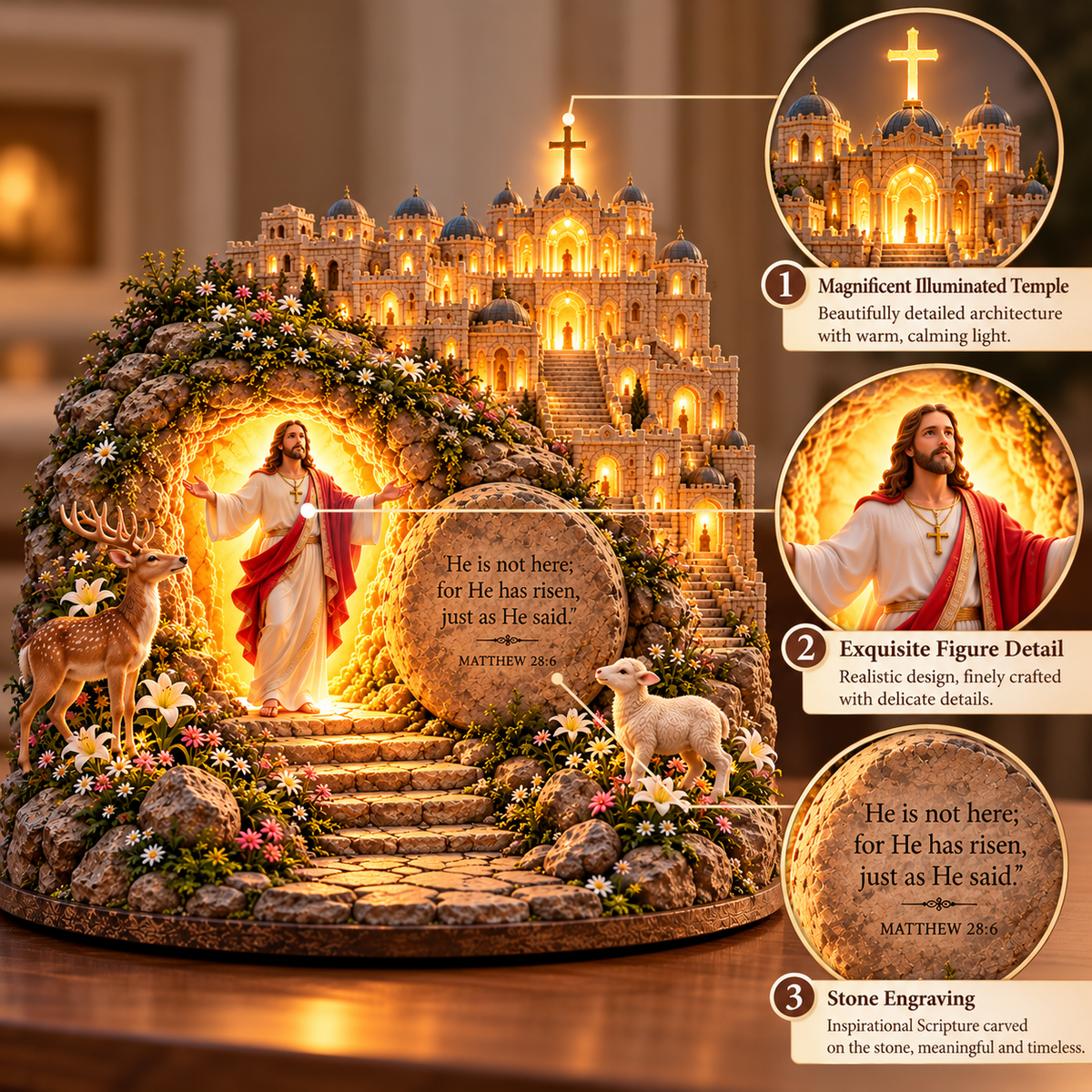 ✝️ He Is Risen! — The Light That Never Fades Jesus Resurrection Illuminated Tabletop Sculpture